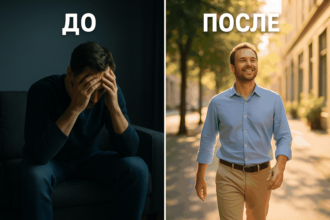 До: человек в тяжёлом состоянии. После: он же, спокойный и улыбающийся